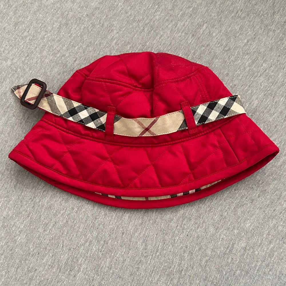 Burberry Kids Red Quilted Hat with Checkered Strap